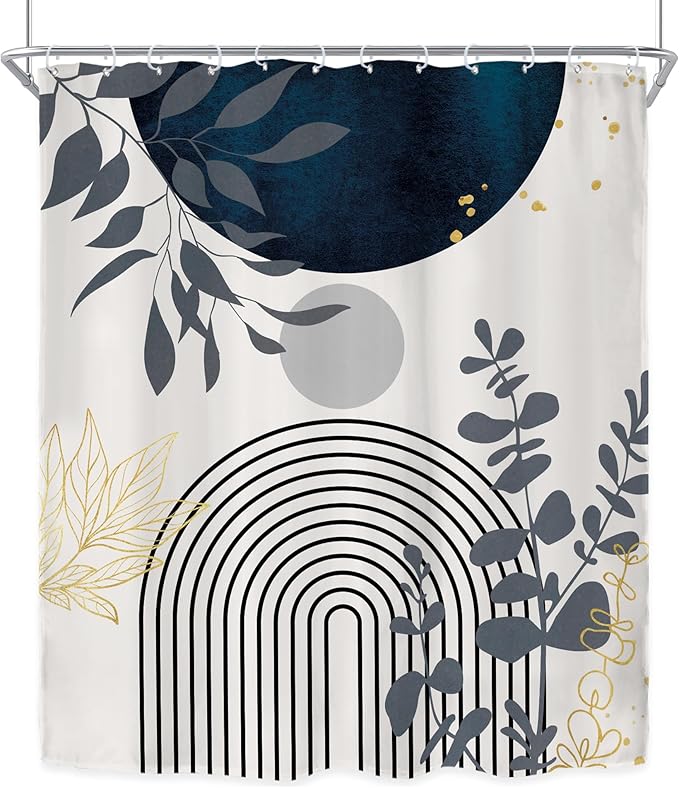 Riyidecor Navy Blue Modern Boho Shower Curtain for Bathroom Decor 60Wx72H Bohemian Abstract Arch Leaves Geometric Simple Contemporary Art Printed Fabric Polyester Waterproof 12 Pack Plastic Hooks