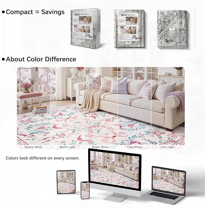 DCX Washable 6x9 Bow Rug, Pink Floral Rug for Girls’ Bedroom, Cute Soft Low Pile Indoor Décor Carpet, Kid & Pet Friendly Nursery Rug for Living Room, Dorm, Playroom