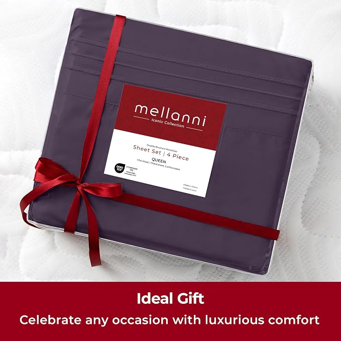 Mellanni Extra Deep Queen Sheets - 4 PC Iconic Collection Bedding - Hotel Luxury, Ultra Soft, Cooling Bed Sheets - Wrinkle, Fade, Stain Resistant (Queen, Purple)