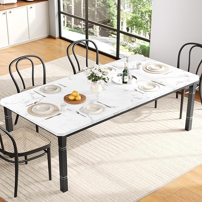 IDEALHOUSE 79" Dining Table for 6-8 People, Modern Rectangular Kitchen Table with Sturdy Metal Legs, Large Wood Farmhouse Dining Room Table for Home Office, Conference, Black & Marble White