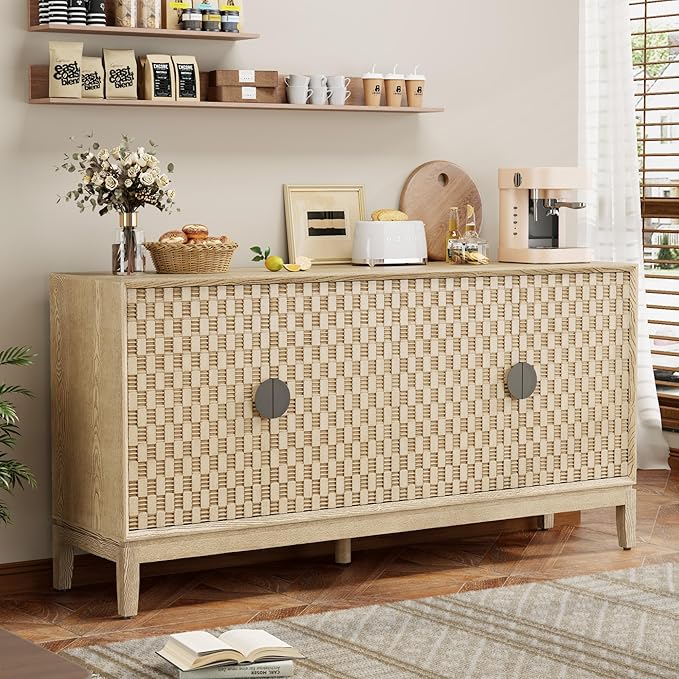 Buffet Cabinet with Storage, Distressed Storage Cabinet with 4 Carved Doors and Adjustable Shelf, Wooden Accent Sideboard Buffet Cabinets for Kitchen, Living Room, Entryway, Light Brown