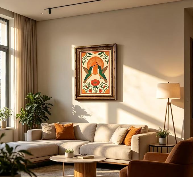Vintage Gold Framed Hummingbird Wall Art Scandinavian Pictures Floral Bird Painting Canvas Prints Birds Poster Artwork Neutral Farmhouse Wall Decor for Living Room Bedroom Kitchen12x16in