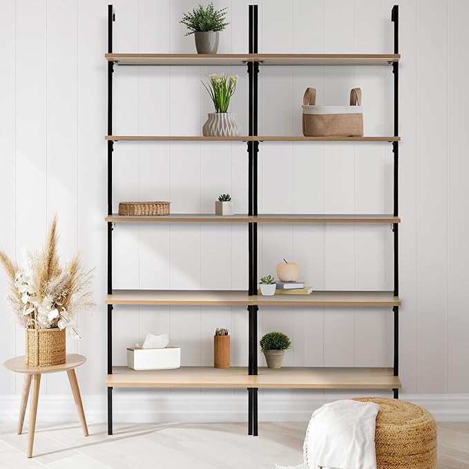 happimess MSH1001B Madera 72.05" Classic Industrial 5-Shelf Wood Wall-Mounted Open Ladder Bookcase with Metal Frame, Light Oak/Black