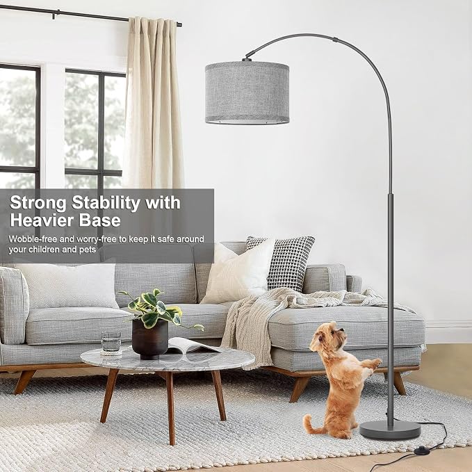 Arc Floor Lamp, Modern Floor Lamp for Living Room with Adjustable Lamp Head, Tall Pole Lamp with Gray Lampsahde and On/Off Pedal Switch, Over Couch Reading Light for Bedroom, Office, Study Room
