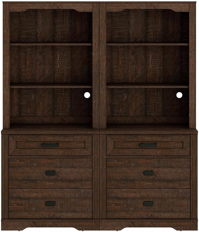 WAMPAT 2 Column 73.3" Tall Bookcase with Chest of Drawers, 63 inch Wide Standing Rustic Bookshelves, Modern Farmhouse Display Storage Cabinet with Adjustable Shelves,Dark Wood Brown