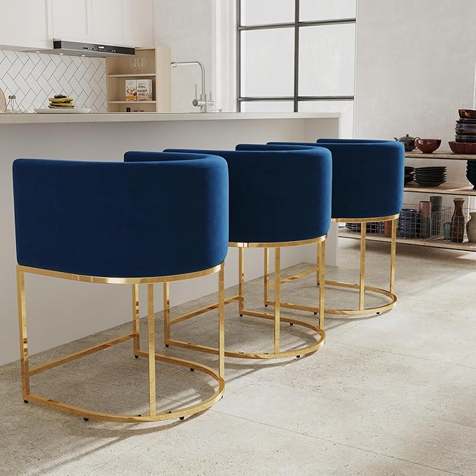 Contemporary Blue Velvet Bar Stool, 24" Upholstered Fabric Counter Height Barstool Kitchen Counter Island Stool with Screwed Together Golden Metal Base