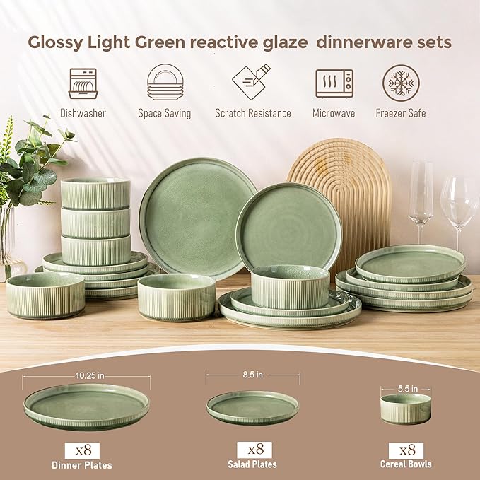 GBHOME 24-Piece Stoneware Dinnerware Set for 8 – Ribbed Ceramic Plates and Bowls, Scratch-Resistant, Microwave & Dishwasher Safe, Reactive Glaze, Light Green