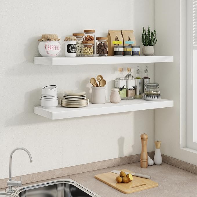 Fun Memories 40 Inch Floating Shelves in White, 9.3 Inch Deep Floating Shelf for Bathroom Living Room Kitchen, Rusitc Wall Mounted Bathroom Shelves 2 Pack, Heavy-Duty Deep Shelf for Books Decor