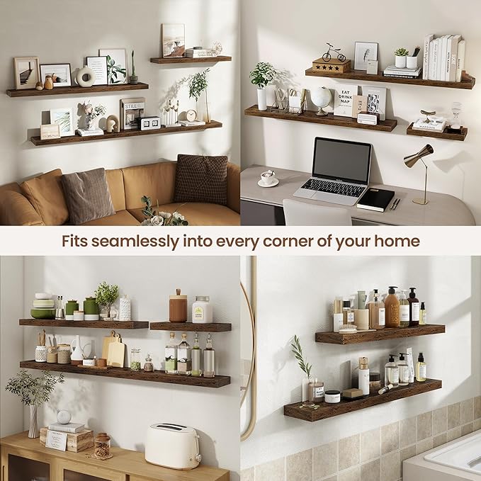 16 Inch Floating Shelves for Wall 2 Pack, 16" Wall Shelves for Books, Storage, Decor, Wall Mounted Floating Shelf with Invisible Brackets for Kitchen, Living Room, Brown