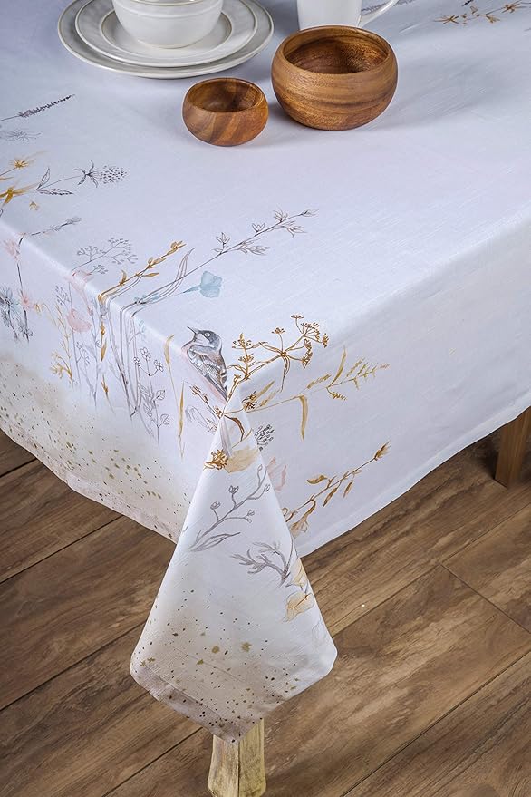 Maison d' Hermine Table Cloth Rectangle Table 100% Cotton 60 x 120 Inches Tablecloth Reusable Decorative for Dining Room Farmhouse Home Valentines Day Decorations Spring Summer- Meadow Florals - Beige