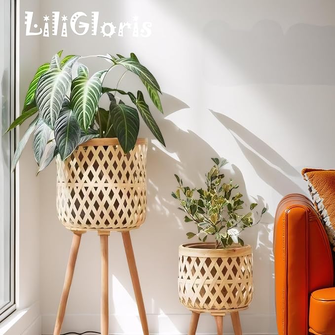 Boho rattan plant stand set of 2/3 – handwoven tall elevated wicker plant baskets for indoor plants, mid-century modern wooden planter holder with tripod legs,no-tool assembly,apartment gardening, farmhouse home decor, ideal gift for houseplant lovers