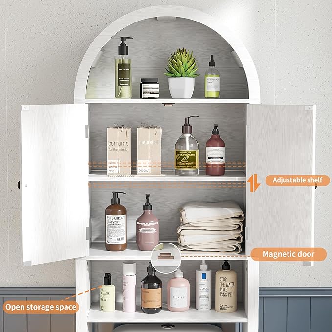 White Over The Toilet Storage Cabinet with Fluted Doors, Arched Bathroom Cabinet with Adjustable Shelf, 4 Tier Small Bathroom Shelf Organizer, Narrow Slim Toilet Rack, Wood, Anti-Tipping Device