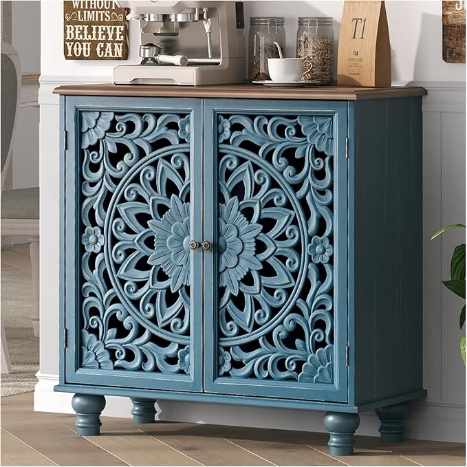 JOINICE Blue Accent Cabinet with Carved Doors, 31" Storage Cabinet for Entryway & Living Room, Vintage Sideboard Buffet Table with Adjustable Shelf, Solid Wood Legs, Boho Home Decor