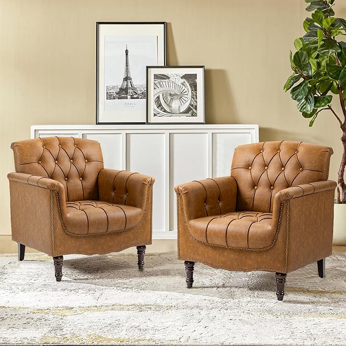 Faux Leather Accent Chair, PU Leather Modern Comfy Upholstered Armchair with Wood Legs & Nailhead Trim for Living Room, Bedroom (Camel,Set of 1)