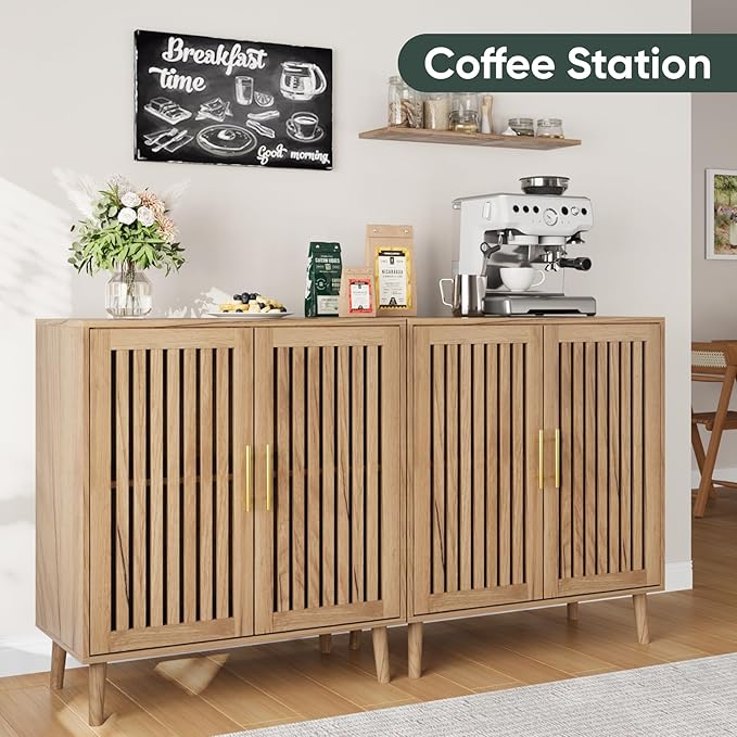 Smart FENDEE Sideboard Cabinet, 31.5" W Farmhouse Buffet Cabinet with Slatted Doors & Adjustable Shelf, Wooden Coffee Bar Storage Station for Kitchen, Dining Room, Living Room, Entryway, Natural