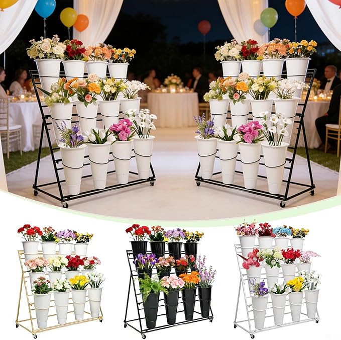 3-Tier Flower Display Stand with 12 Buckets, Heavy Duty Metal Flower Plant Cart with Wheels, Indoor Large Capacity Flower Bar Florist bucket Rack, Moving Florist Bouquet Shelf for Wedding Garden (B, 39.6*23.7*40.6in)