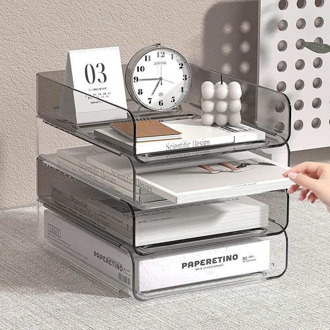 Acrylic Paper Tray Organizer for Desk, Clear & Brown Stackable Letter Tray, 4-Tier Paper File Organizer, Office Desk Accessories for Document Organization