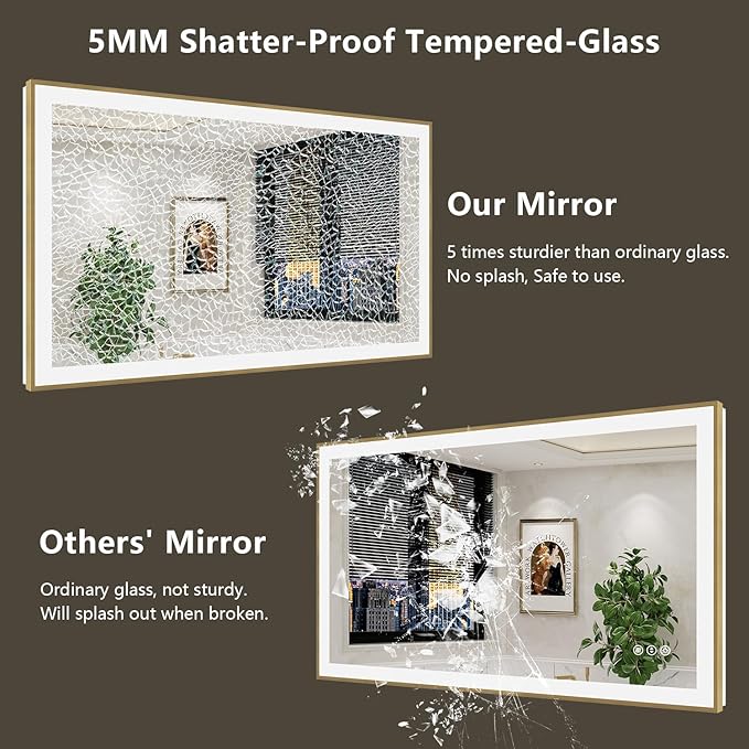 36x36 Inch LED Bathroom Mirror with Lights (Front Lit and Backlit) Gold Framed Lighted Vanity Mirror for Bathroom Wall Dimmable Anti-Fog Memory Tempered Glass Horizontal/Vertical