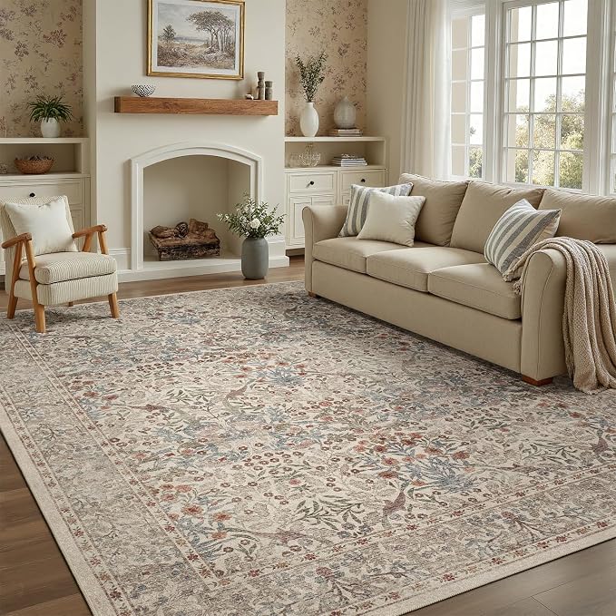 DCX Beige 8x10 Area Rugs, Machine Washable Non Slip Stain Resistant Soft Vintage Floral Rug, for Living Room, Bedroom, Playroom, Soft Low Pile Large Carpet