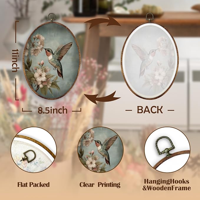 DILSJ Hummingbird Floral Oval Wall Art Decor, Bird Lover Gifts Canvas Wall Art Framed, Vintage Retro Botanical Flower Bird Hanging Decorations for Home Bedroom Living Room Decor, 11x8.5 Inch