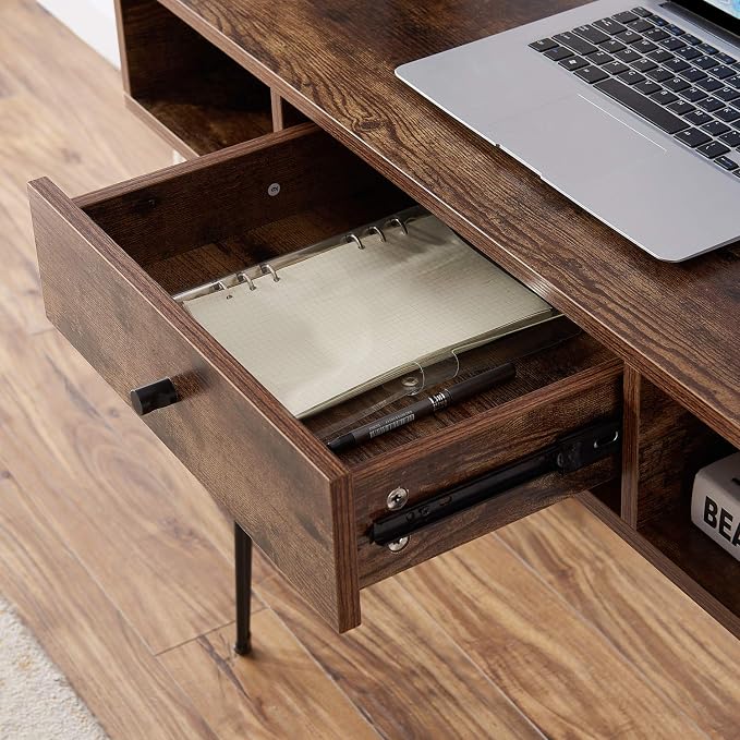 VECELO 39.3" Home Office Work Table with Drawers,Computer Desk with Hairpin Leg for Writing/Study,Retro Brown