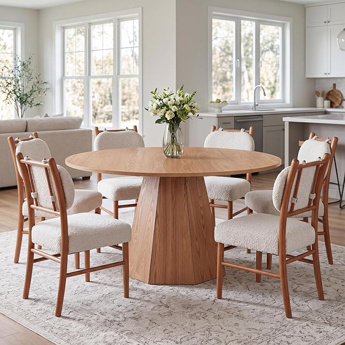 BESTANO 59" Round Dining Table for 4-6 People, Kitchen Dining Room Table with Wooden Pedestal Base, Circle Dinner Pedestal Dining Table for Dining Room (Table Only), Brown