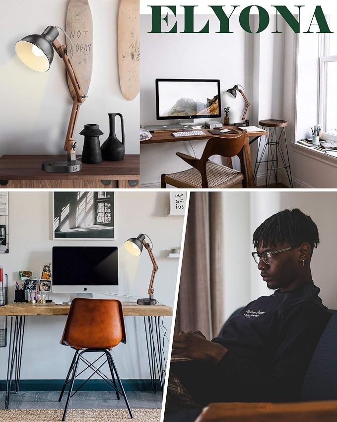 ELYONA Modern Sapele Wood Desk Lamp with Upgraded Wireless Charger & USB C Charging Port Swing Arm Table Lamp Bedside Reading Task Light for Dorm Office Bedroom Living Room LED Bulb Included Black