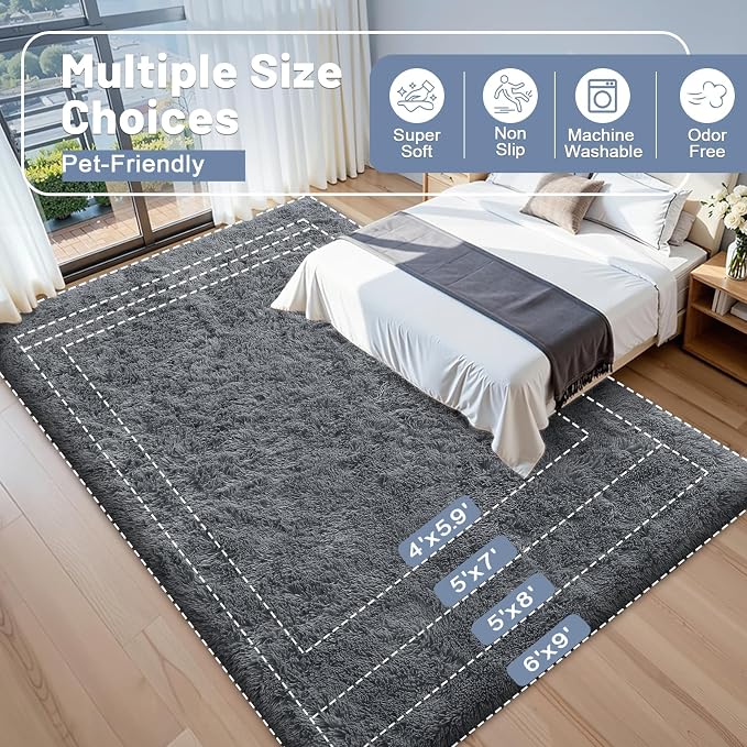 OLANLY 9x11 Machine Washable Large Area Rugs for Living Room, Bedroom, Soft Fluffy Shaggy Bedside Rug, Indoor Floor Carpet for Kids Girls and Boys, Dorms, Nursery, Home Decor Aesthetic, Grey