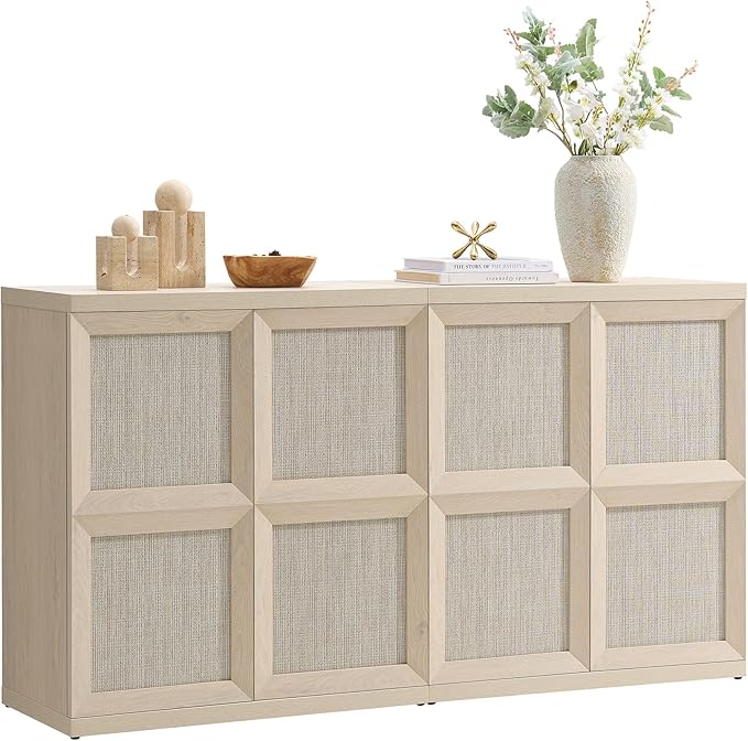 VividVibe Sideboard Buffet Cabinet with Storage, 62.9”Large Boho Credenza with 4 Doors, Coffee Bar Cabinet Farmhouse Modern for Entryway Living Room Light Oak