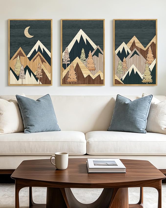 KUVIOKE Morden Mountains Framed Wall Art Boho Pine Tree Forest Nature Landscape Artwork Bohemain Farmhouse Rustic Bedroom Decor 16x24in (Natural Framed)