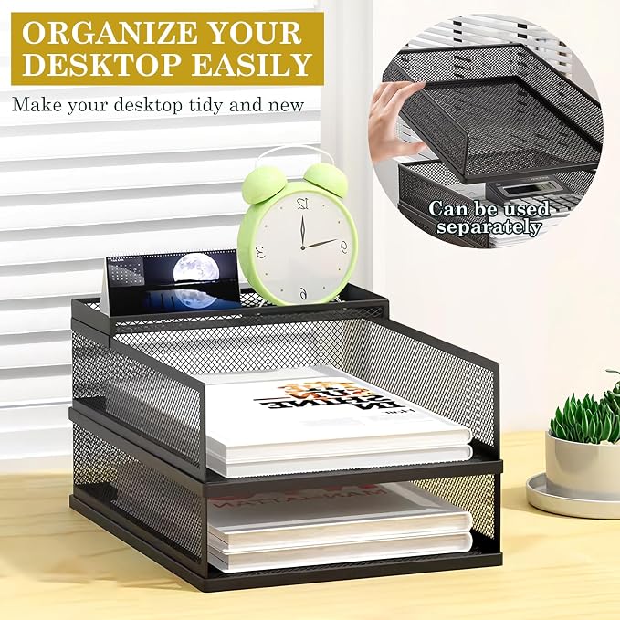 Metal Letter Tray Set, Stackable Wire Mesh Desk Organizer – Front Load File Holder for A4 Paper, Office, Home, Classroom (Black)