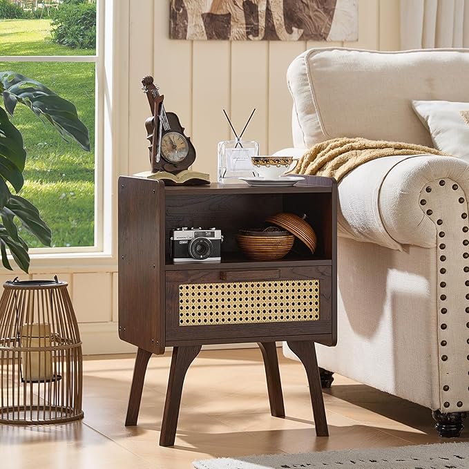Lerliuo Rattan Nightstand, Bedside Table with Drawer Open Shelf, Cane Accent Side End Table with Solid Wood Legs, Walnut Vintage Night Stand for Bedroom, Dorm and Small Spaces
