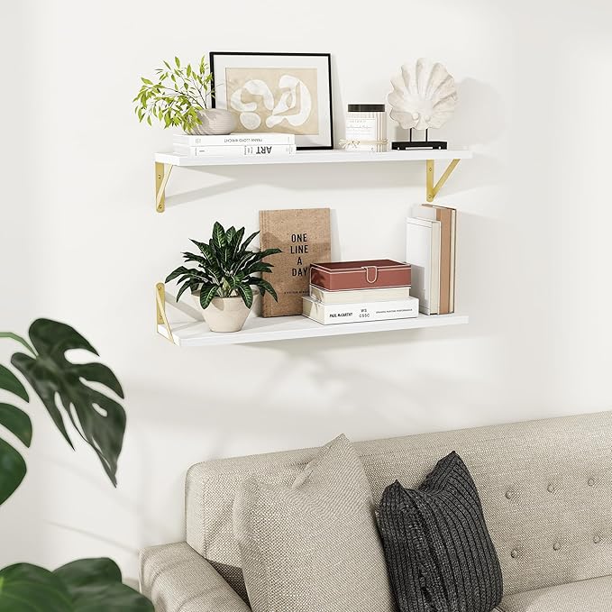 Dreamland Deep Floating Shelves for Wall, 30W x 8D Wall Shelves, Set of 2, 30 inch Floating Shelf with Sturdy Metal Brackets for Living Room, Bathroom, Bedroom and Kitchen, White with Gold Brackets