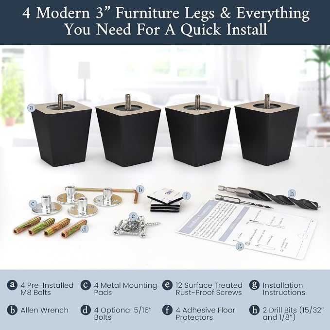 Airy Abode Premium Black Square Furniture Legs (Full Install Kit) - Pick Your Size and Color