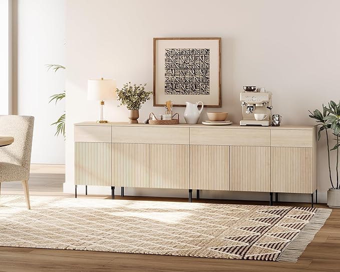 WAMPAT 94.5" Large Sideboard Buffet Cabinet with 4 Drawers & 5 Doors, 4-in-1 Fluted Storage Cabinet with Charging Station, Modern Buffet Table Coffee Bar Wine Bar Cabinet for Dining Room,Beige
