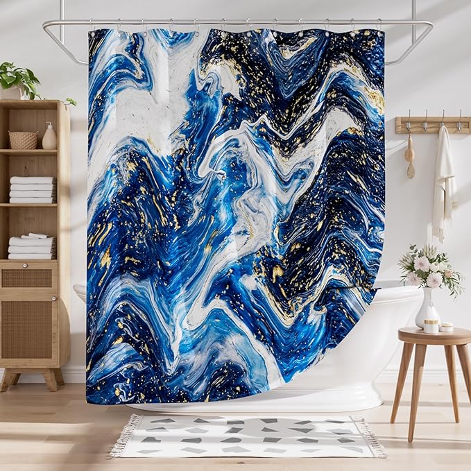 AmazerBath Shower Curtain Blue, Marble Fall Fabric Shower Curtain Sets with 12 Shower Curtain Hooks, Luxury Quality Home Hotel Washable Farmhouse Cloth Shower Curtains for Bathroom Decor, 72x72 Inches