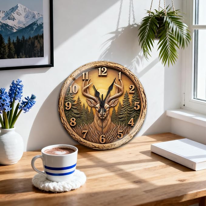 peacoblue Wall Clocks Battery Operated 12 Inch 3D Wooden Deer Glass Round Wall Clock Non Ticking for Kitchen Living Room Dining Room Bedroom and Bathroom Decor Accessories (Battery not Included)