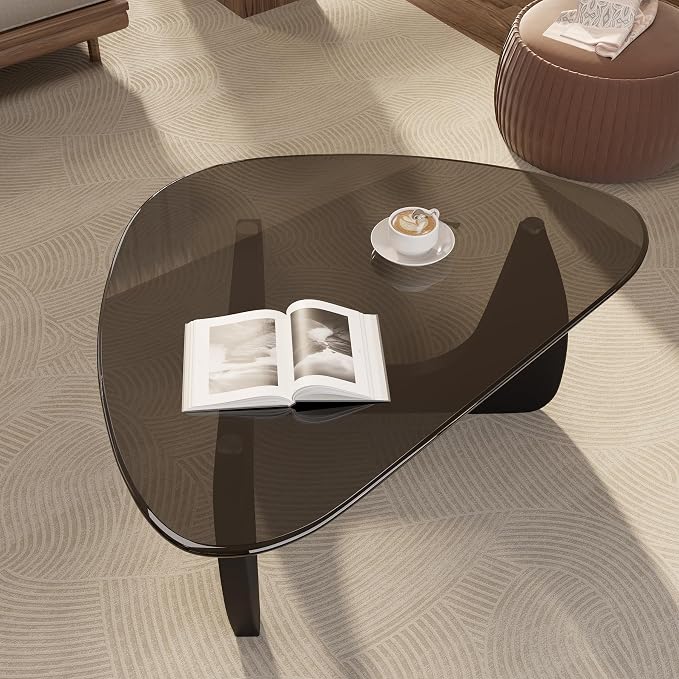 Modern Glass Coffee Table, Triangle Center Table with Tempered Glass Top& Unique Wooden Base, 31.5” Mid Century Tea Tables for Living Room, Apartment, Office,Black & Grey