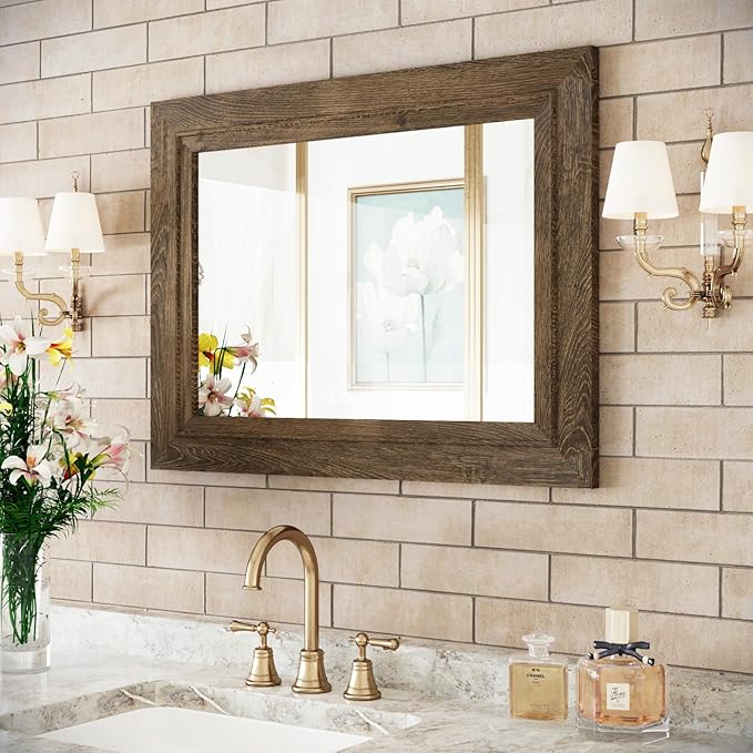 Rustic Wall-Mounted Vanity Mirror, Solid Wood Frame Bathroom Mirror, Farmhouse Style for Living Room, Bedroom, Entryway, Horizontal/Vertical Hanging