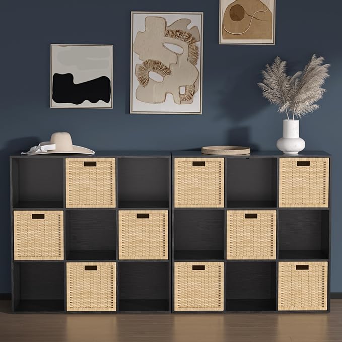 Wooden 9 Cube Storage Organizer with Closed Back Panel,Black Cube Shelf Cubby Storage Organizers with Compartments for Living,Bookshelf,Organizers Easy to Install (Black, 9 Cube)