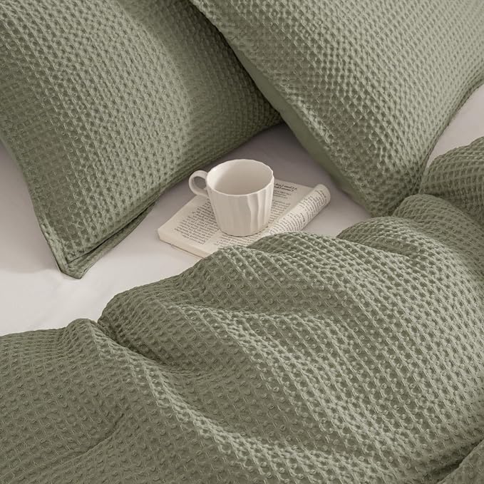 PHF Ultra Soft Waffle Weave Comforter Set King Size, 3 Pieces Lightweight Breathable Comfy Bedding Set, Comfy Textured 1 Comforter with 2 Pillow Shams, Dusty Sage