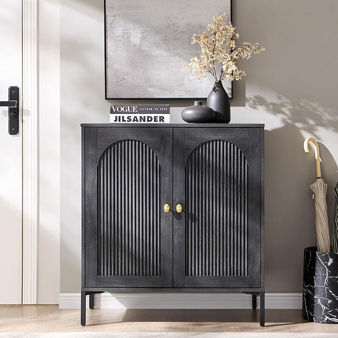 Modern Buffet Cabinet with Storage, 34" Tall Fluted Arched Sideboard Cabinet w/Adjustable Shelves, Wooden Modular Coffee Bar for Dining Room, Kitchen, Living Room, Entryway, Dark Grey