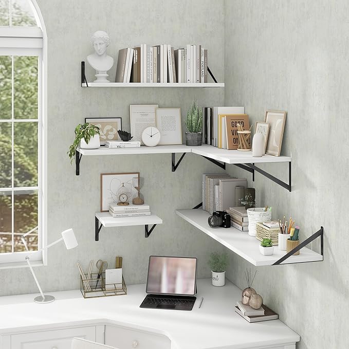 Deep Floating Shelves Wall Mounted, 16"x12" White Wall Shelves with Brackets Set of 2 for Bedroom, Living Room, Bathroom, Kitchen, Office - Storage & Display Shelf for Decor, Books, Plants