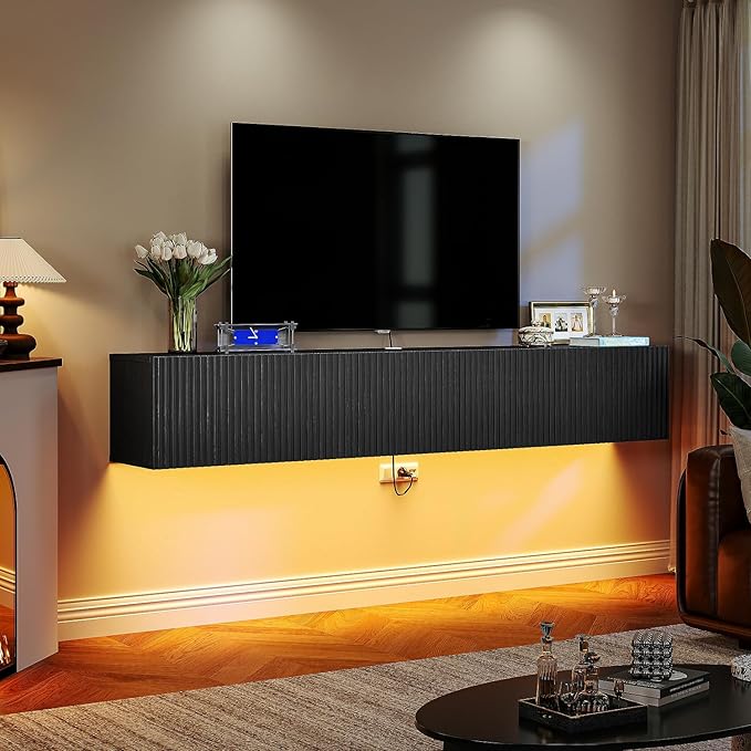 Floating TV Stand with 3 Doors,70IN Wall Mounted TV Cabinet,Slatted Floating Media Console Entertainment Center with Storage,Under TV Shelf for Bedroom Living Room,Black