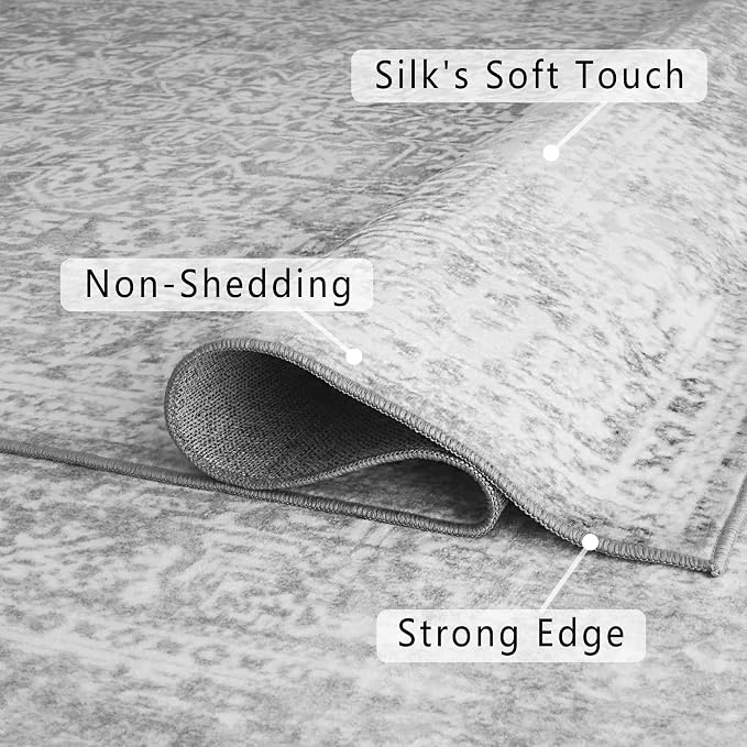 vivorug Runner Rug 2x10 Machine Washable Rug with Non-Slip Backing, Ideal for Kitchen Hallway Entryway Laundry Room - Vintage, Durable, Easy Clean, Low Pile Carpet Runner, Ivory/Silver