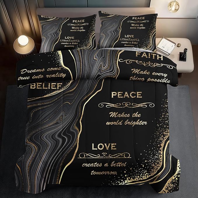 Black and Gold Comforter Set Full,Marble Comforter for Boys,Black and Gold Bedding Set Full,Marble Bedding for Girls,Goth Vintage Quilt Aldult,Goth Vintage Bedroom Decor
