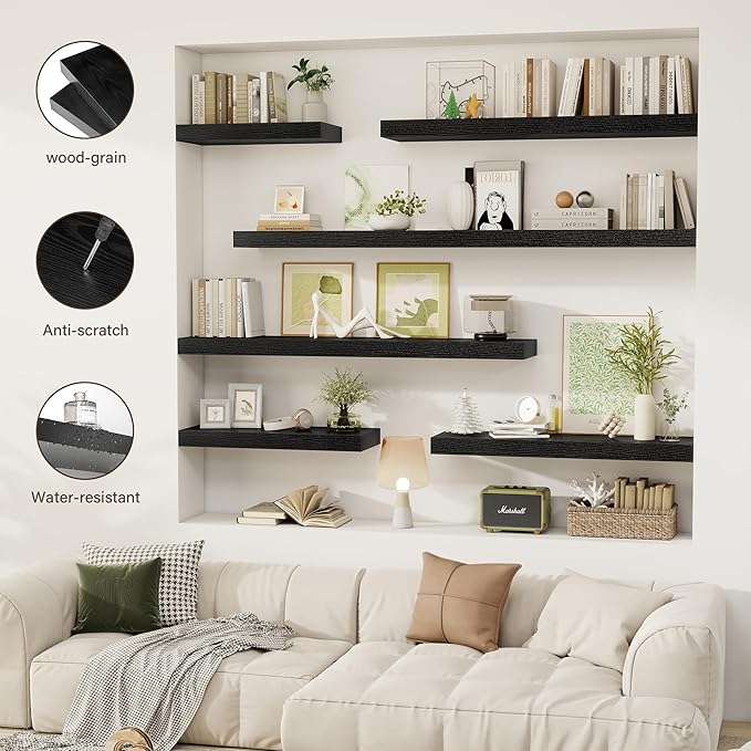 30 Inch Floating Shelves, 12" Deep Floating Shelf Wall Mounted, 30" Wall Shelves, Rustic Deep Bookshelf, Extra Deeper & Thicker Display Shelves for Bedroom, Living Room, Black, Set of 2