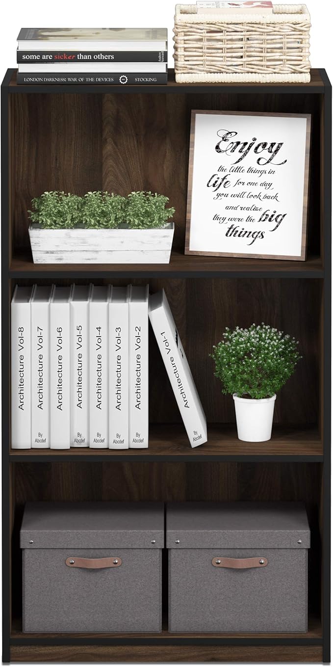 Furinno BASIC Book Shelf, 3-Tier Modern Bookshelf, Bookcase with Open Shelves, 9.3 x 21.8 x 39.5, for Living Room, Bedroom, Home Office, Columbia Walnut/Black