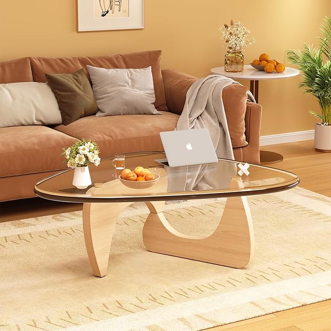 Coffee Table for Living Room Mid Century Modern Center Small Table with Glass Top and Wood, Original Transparent