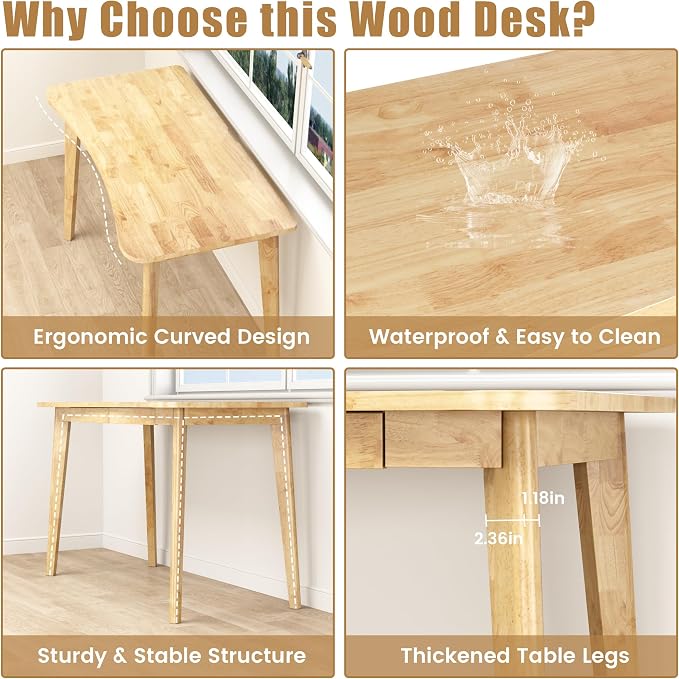 100% Solid Wood Desk with Drawers - 48 x 24 Inch Home Office Computer Desks, Modern Writing Desk with Drawers, Simple Study Table Makeup Vanity - Natural Boho Desks
